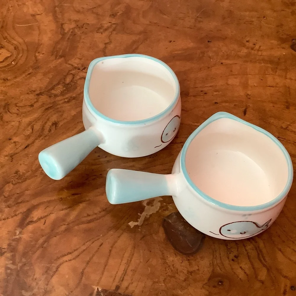 Ceramic Miniature Individual Milk Creamers Syrup 2oz Whale Light Blue Handle